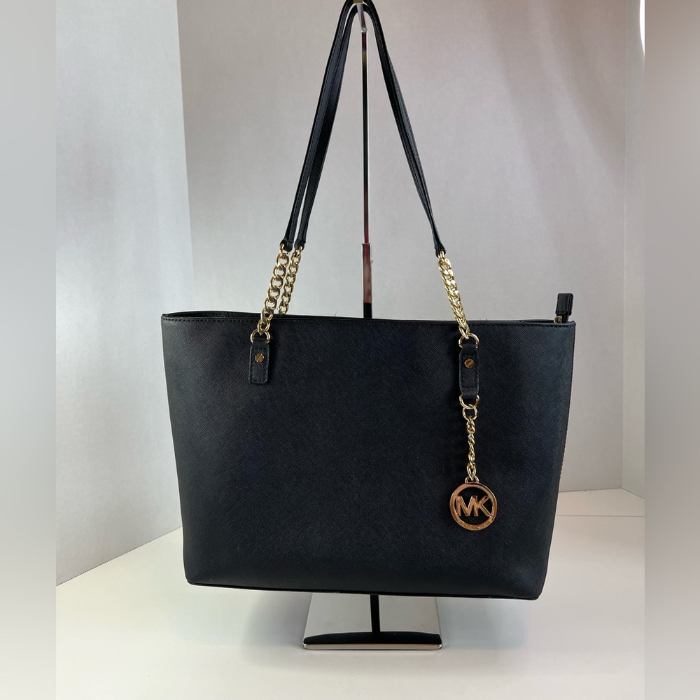 Michael Kors Shania Large East West Black Leather Chain Tote